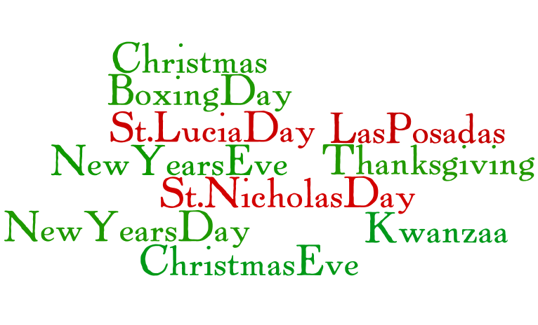 Wordle of winter holiday words: Christmas, Boxing Day, St. Lucia Day, Las Posadas, New Years Eve, Thanksgiving, St. Nicholas Day, New Years Day, Kwanzaa, Christmas Eve